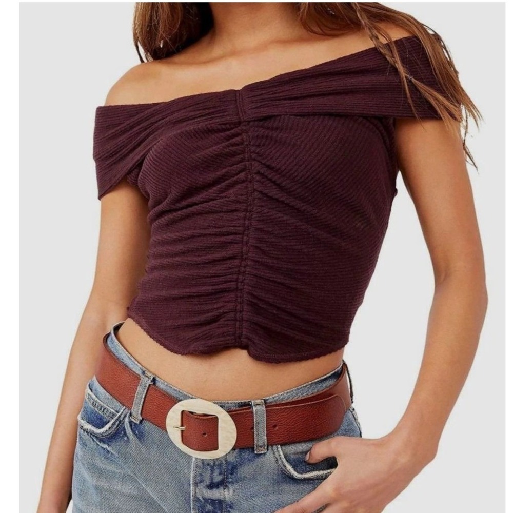 Free People This Cutie Off The Shoulder Ruched Ribbed Top Plum XS Boho Fall